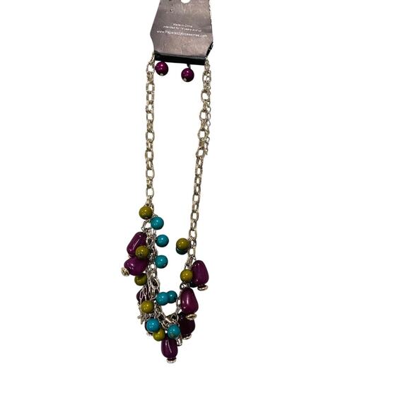 Paparazzi New Silvertone Necklace and Earring Set Purple Teal Chunky 28" - Picture 6 of 6